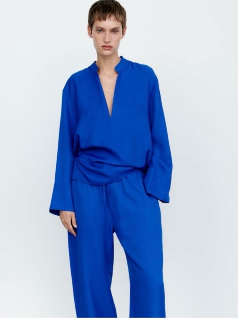 Zara V-Neck Long Sleeve Top and Wide Leg Pants Set.